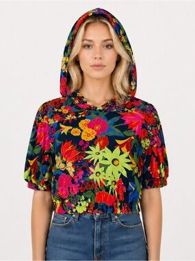 Sorella Floral Cropped Hooded Short Sleeve Boho Blouse Size Large